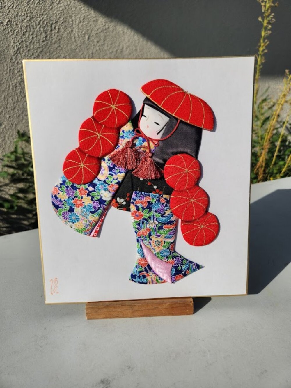 Vintage Japanese Oshie 3D Fabric Art Geisha Handmade Kimono Doll on Shikishi Boa